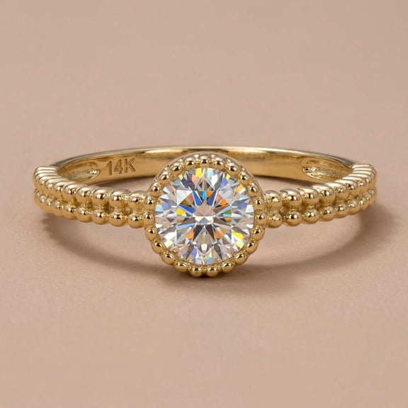 Vinali Solid 14K Yellow Gold Beaded Round CZ Ring for Women Size 5