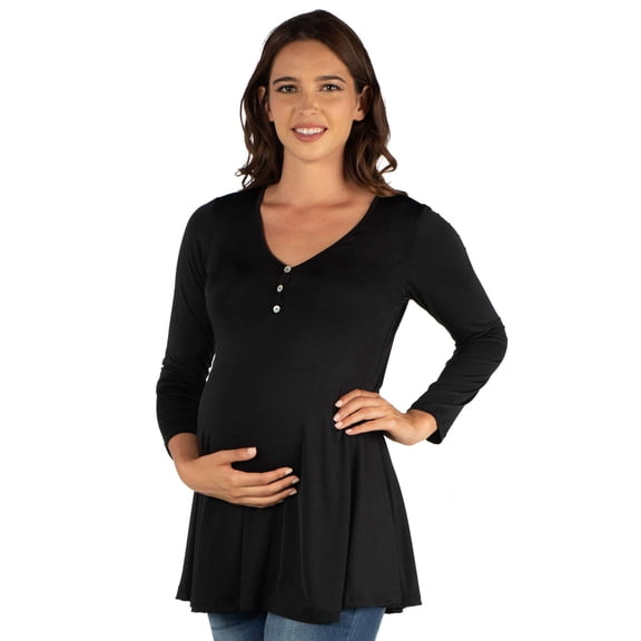 24seven Comfort Apparel Maternity V Neck Long Sleeve Soft Flare Henley Style Tunic Top