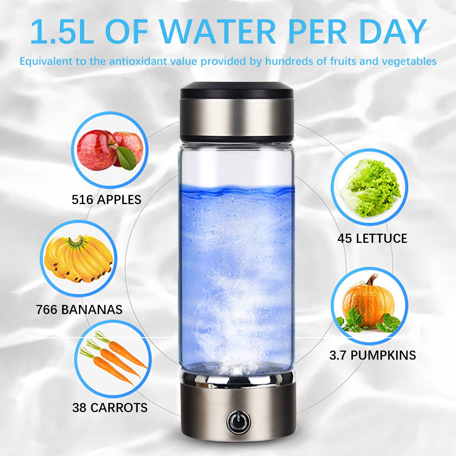 Fankiway Rich Hydrogen Cup, USB Rechargeable Hydrogen Water Bottle, Portable Glass Bottles Weak Alkaline Cup Anti-Oxidation and Anti-Aging Glass Health Cup, Micro Electrolysis Hydrogen Production Cup