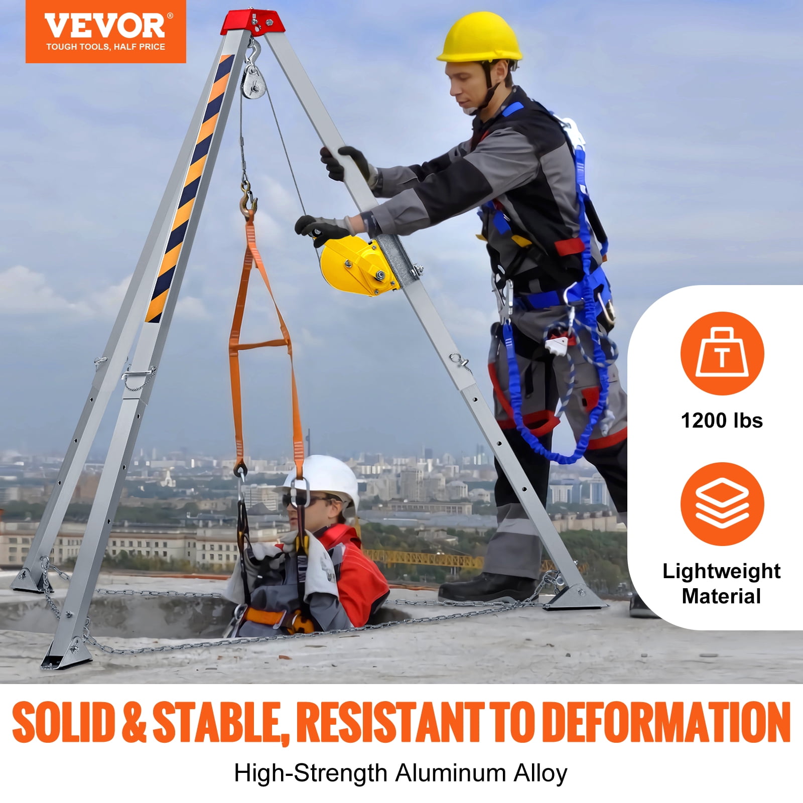 VEVOR Confined Space Tripod Kit, Confined Space Tripod 7' Legs Bracket and 98' Cable, Confined Space Rescue Tripod 32.8' Fall Protection, 1200 lbs Winch, Storage Bag