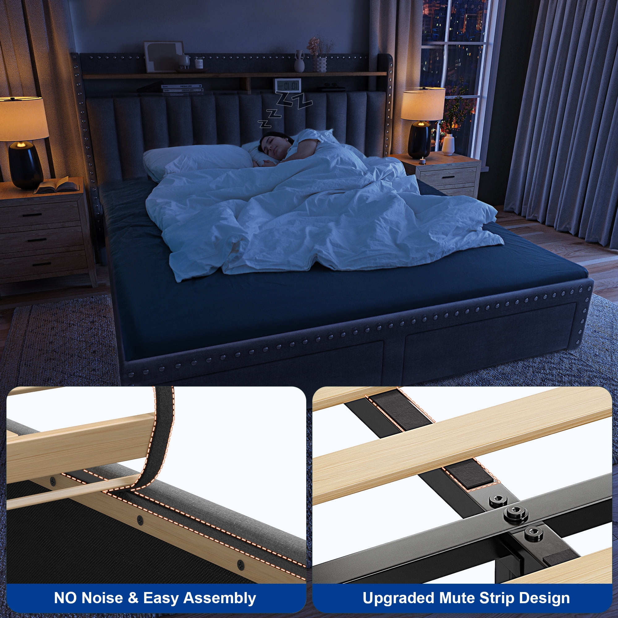 EnHomee Full Modern Metal Wood Platform Bed with Storage Drawers, Gray