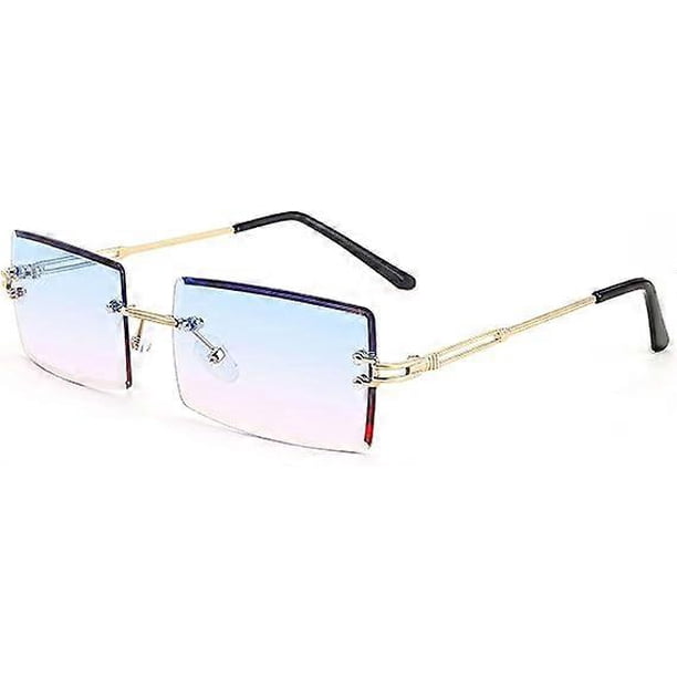 A pair of retro rimless sunglasses rectangular frameless candy-colored glasses female male (gold frame on blue and pink)