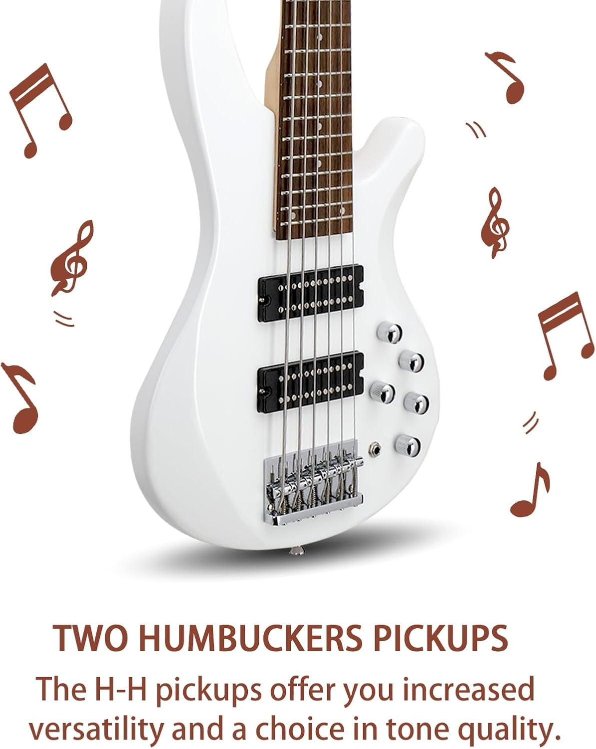 HarmonyStrings Bass Guitar 6 String Electric Bass Guitars, Beginner Bass Guitar with Professional H-H pickup, 3 Way Pickup Selector, Premium Cable, Unique Body Design for Beginner White Upgraded