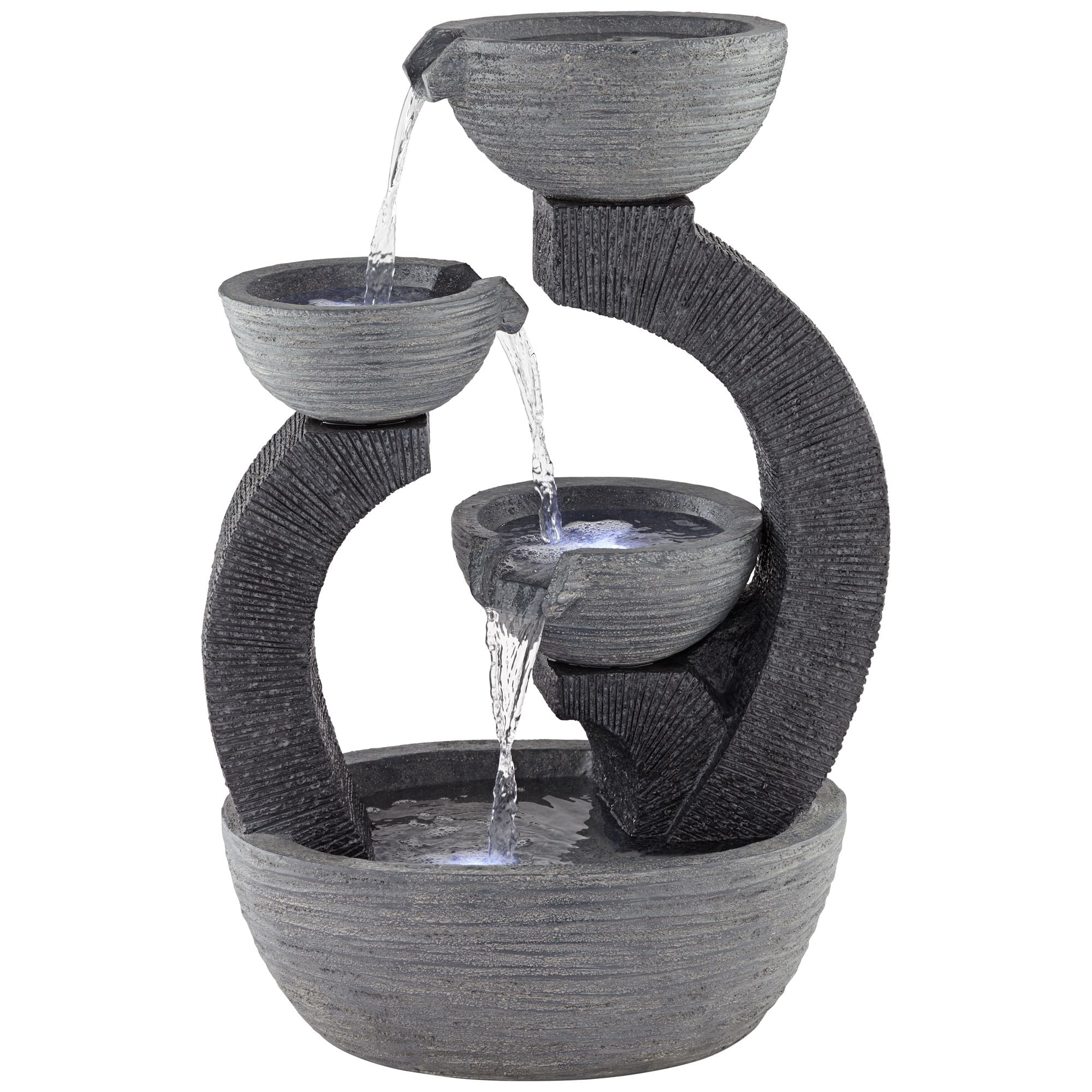 Three Cup 31 1/2" High Large Modern Indoor Outdoor Decor Gray Faux Stone Floor Fountain w/ Light LED Cascading