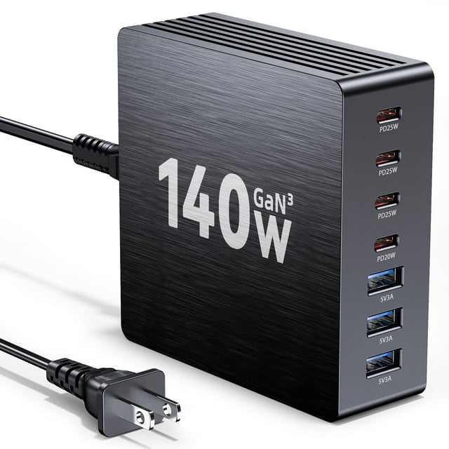 Cargador Hinkicher GaN III de 140 W, 7 puertos PD 3.0 Fast USB