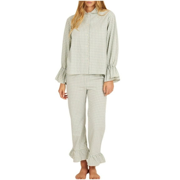 Womens Plaid Pajamas Set Bell Long Sleeve Nightwear Oversized Button Down Lounge Open Front Casual Nightgown Lapel Sleepwear for Ladies Stylish Fall Cozy Outfits Costume S-XL