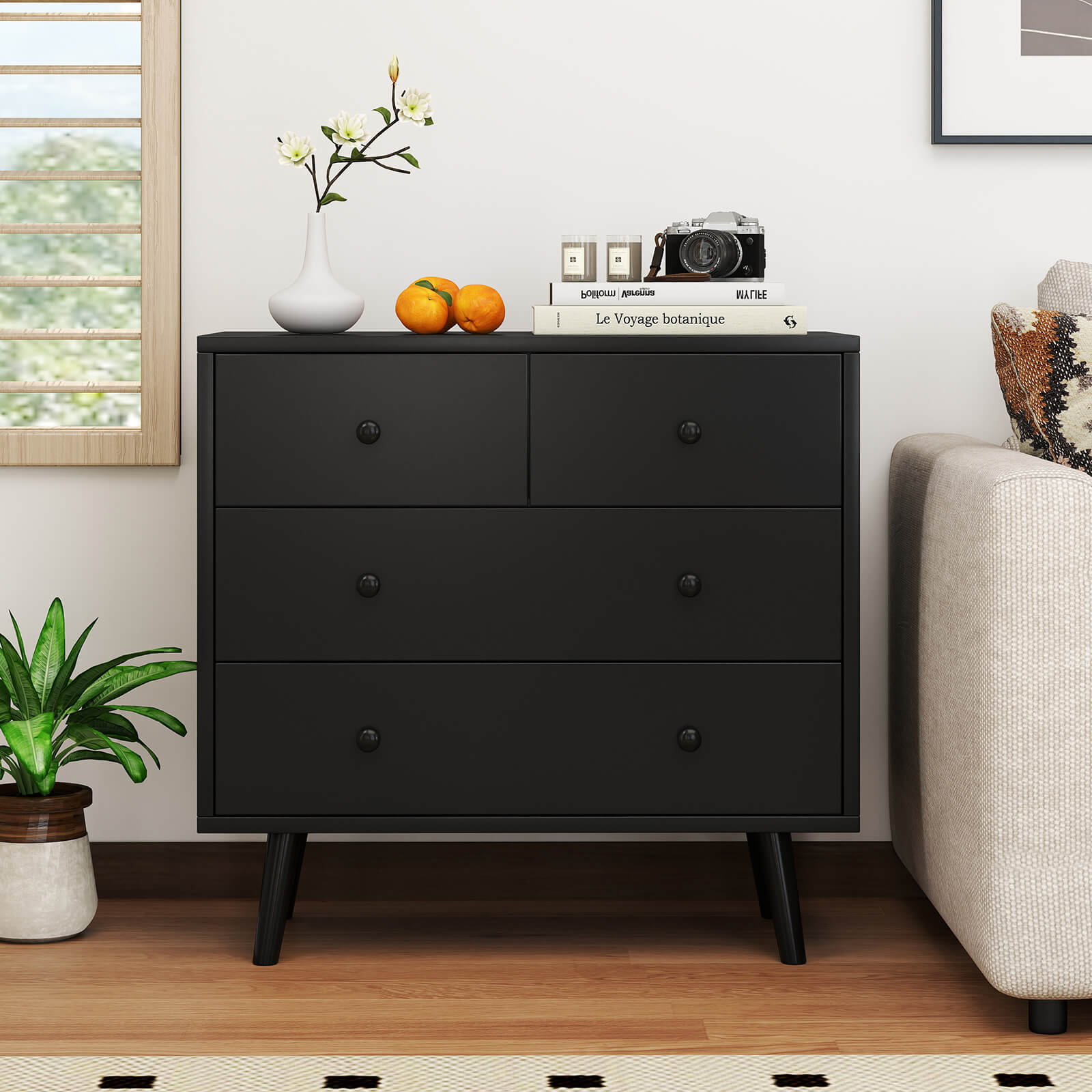 Costway 4 Drawer Dresser for Bedroom Wide Chest of Drawers with Metal Guide Rails Black
