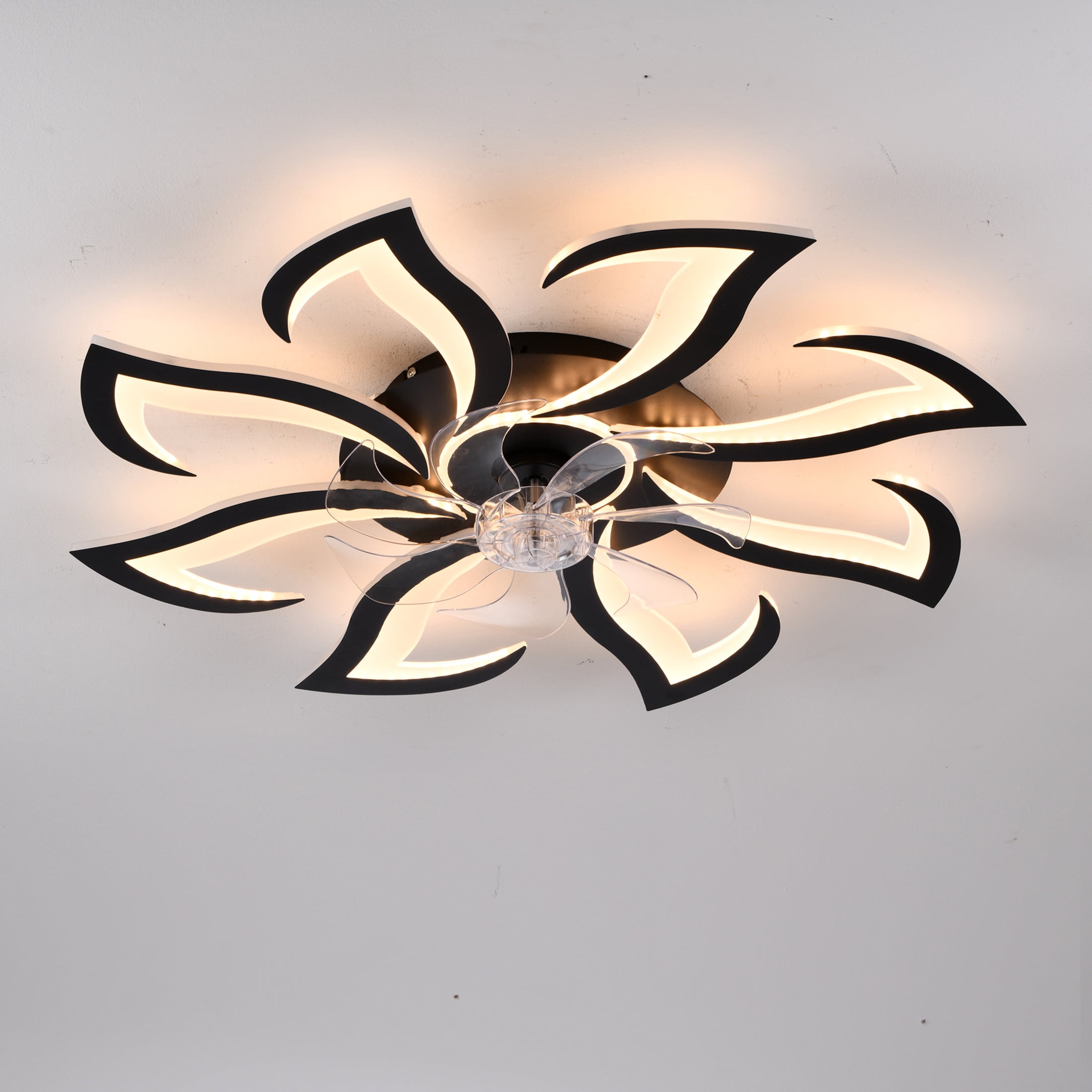 GDF Studio 8-Head Flower Modern Ceiling Fan with LED Lights & Remote Control, Low Profile Flush Mount Fandelier, Black