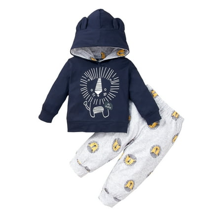 

LAPAKIDS Baby Boy Causal Clothes Cute Animal Print Pullover Hoodie and Pants Outfit Set 12-18 Months