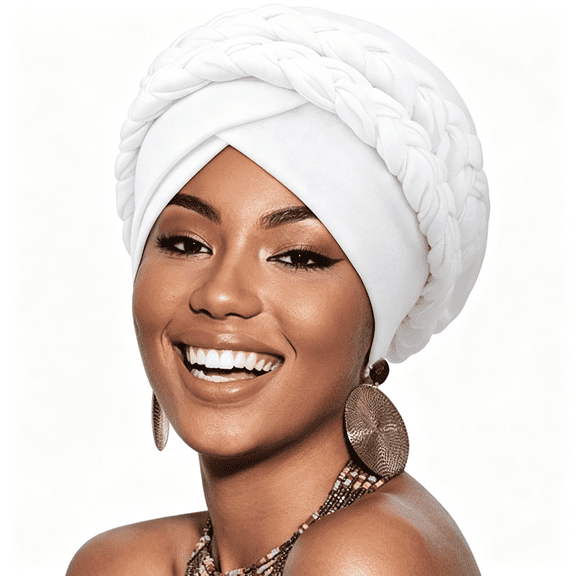 TELOLY African Women Turban Caps Cotton Beanie Twist Headscarf Pre-Tied Double Twisted Braids Wrap Hat Chemo Cancer Cap White Turban