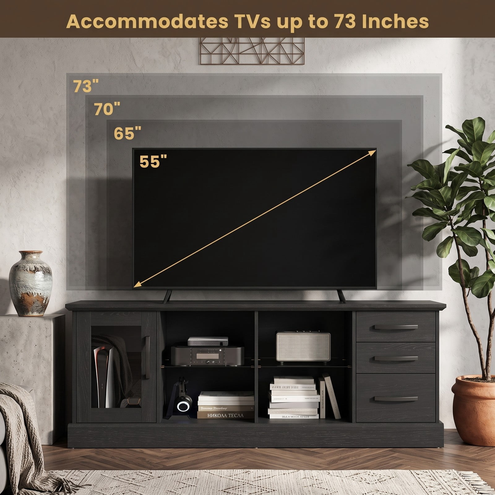 Furnibear 63 Inch Media Console TV Stand for TVs up to 73", Modern Entertainment Center with 3 Drawers, 2 Removable Glass Shelves & Cable Management for Living, Black