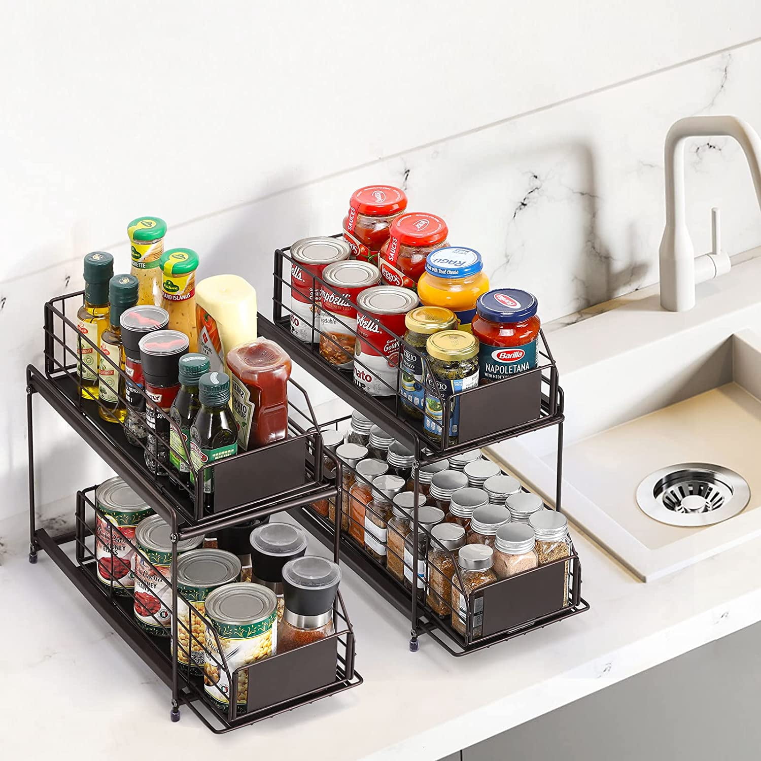 2-Tier Cabinet Storage Organizer Baskets with Sliding Drawer Set of 2, Brown