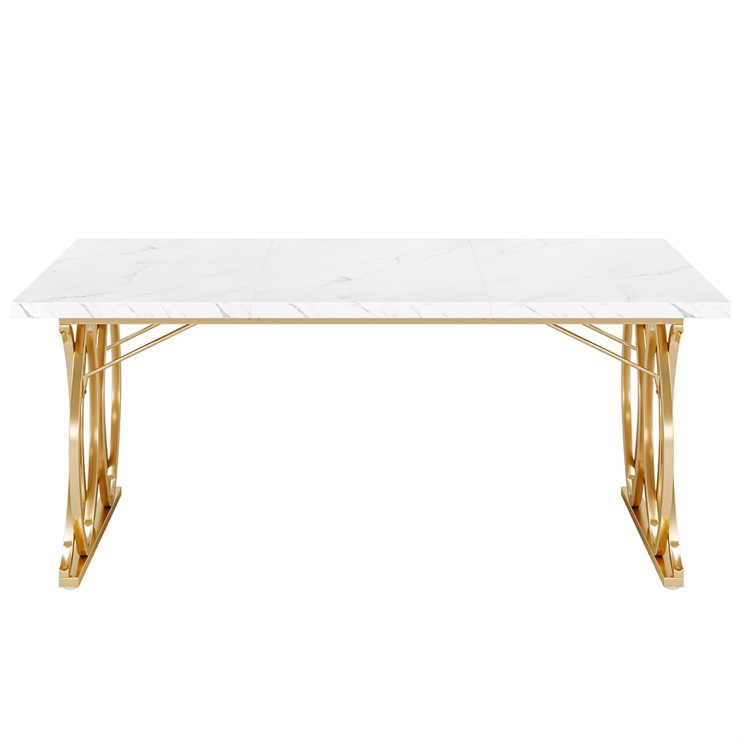 Demi Bonn 63" Modern Dining Table with Faux Marble Tabletop for 4-6 People, Large Rectangular Dinner Table for Dining Room, Home Office, Living Room Furniture, White