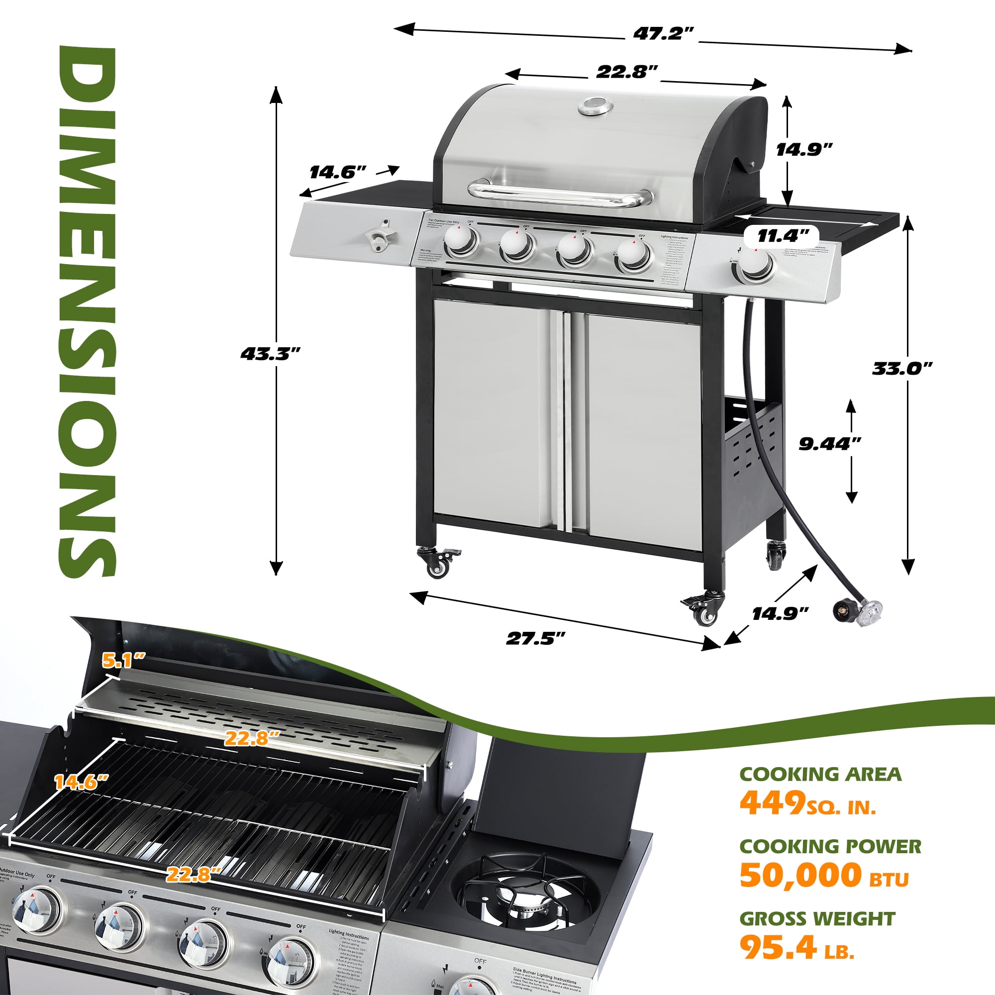 MAGIC UNION 4-Burner Propane Gas BBQ Grill High-Strength Stainless Steel with Side Burner, Portable 50,000 BTU Barbecue Grills with 4 Wheels and 449 SQ.IN. Cooking Area for Outdoor Cooking and Backyar