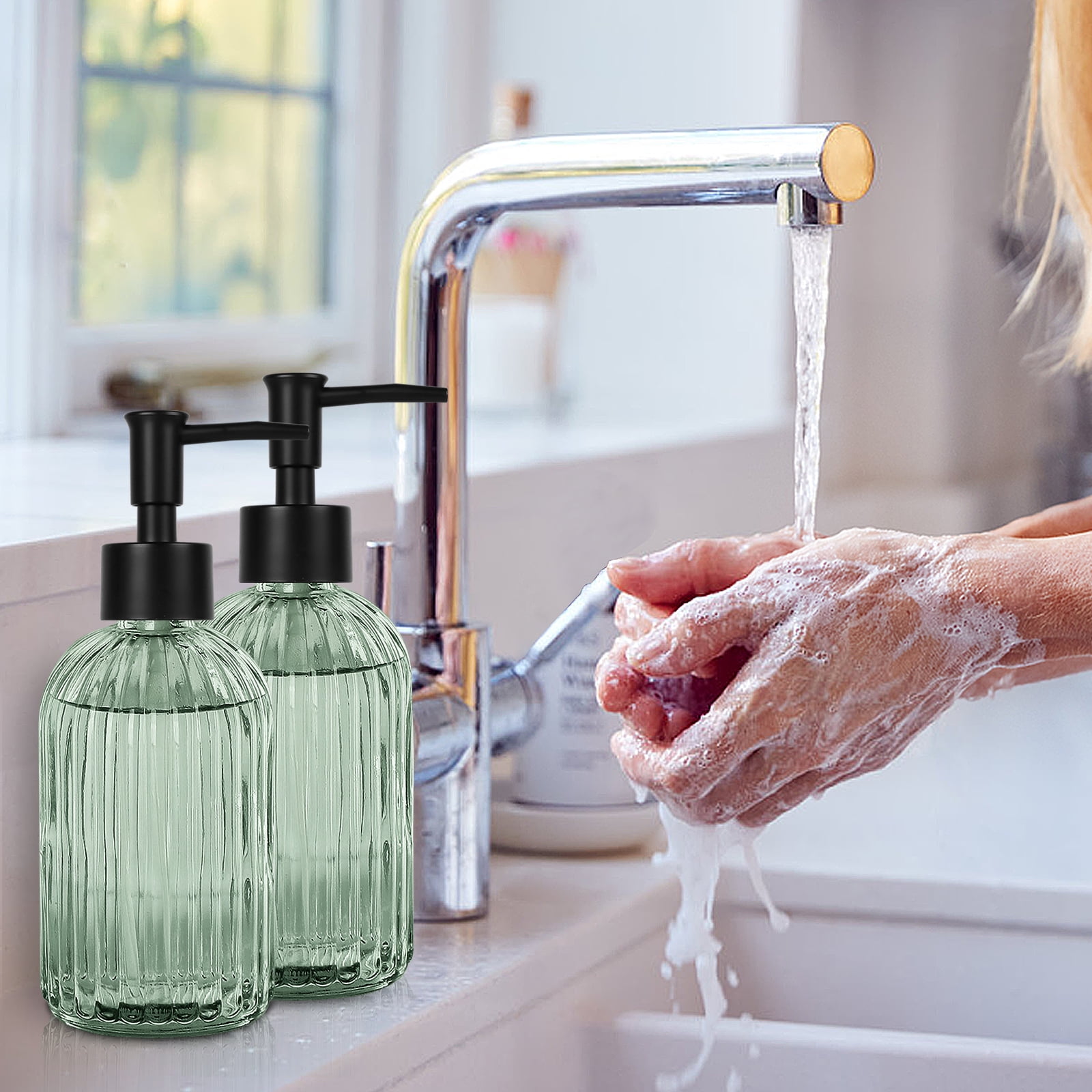 Vintage Ribbed Green Glass Dispenser, 13oz Large Capacity, Multi-Purpose Emulsion/S soap Dispenser (Suitable for Essential Oil Lotion, Shower Gel, Hand Soap, etc.)