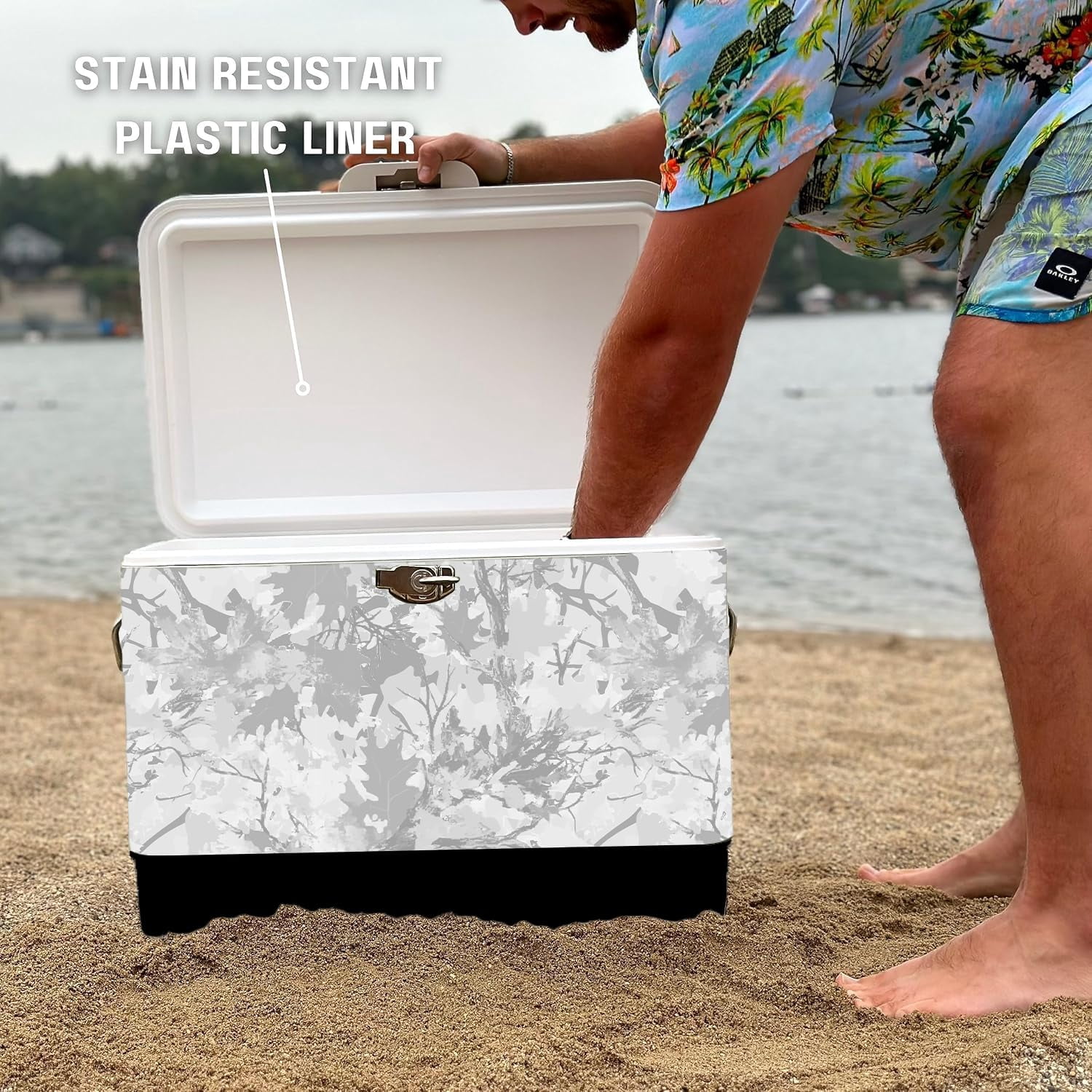 FSE Hard-Sided 54 Qt. / 80 Can Metal Cooler, Two-Tone Gray Camo and Black, Durable Outdoor Beverage Cooler with Latch Closure, Plastic Lining, Side Handles, Portable Tailgating and Camping Ice Chest
