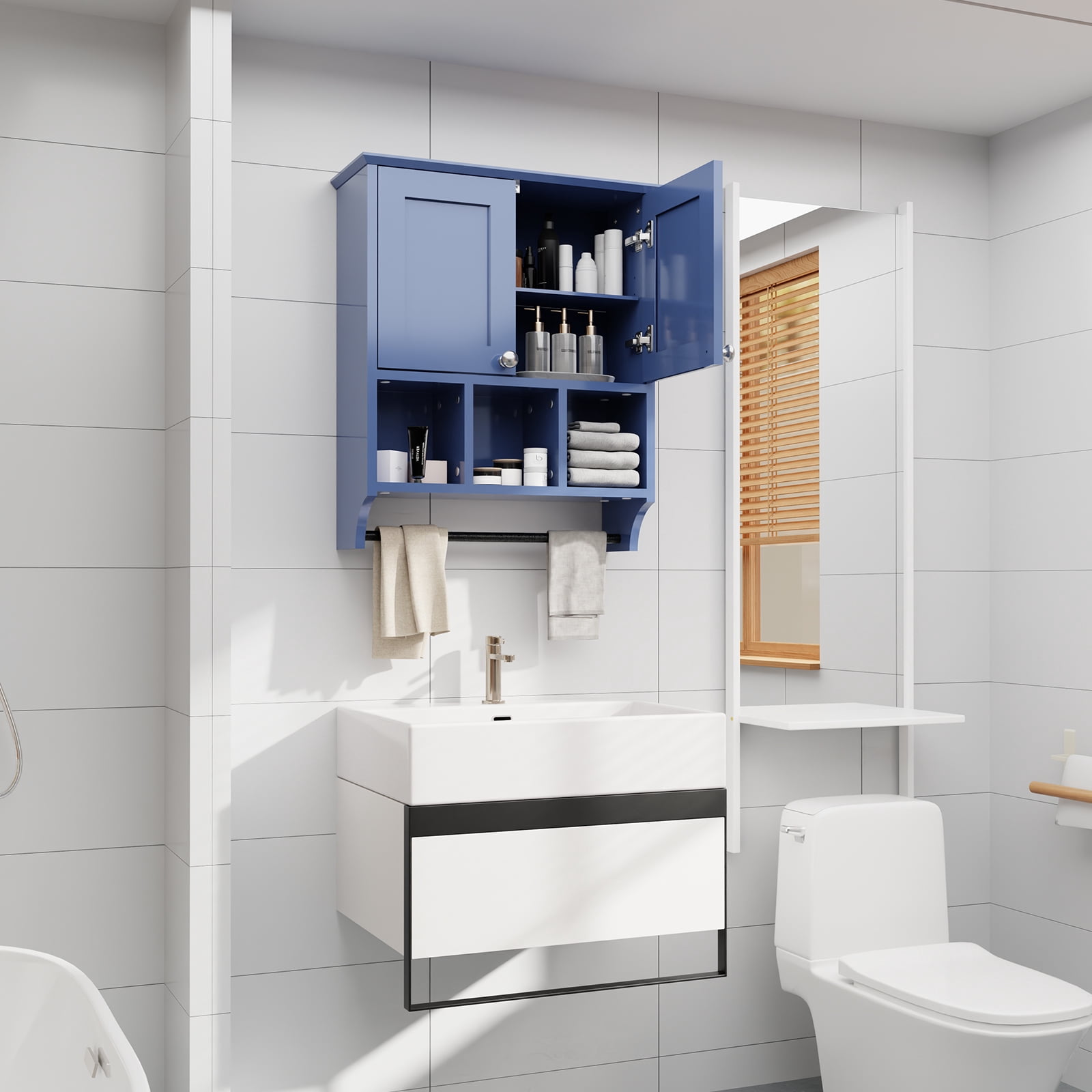 KZElegy Bathroom Medicine Cabinet Wall Mounted 2-Door with 3 Open Shelves, Over The Toilet Storage Cabinet with Towels Bar for Toilet,Blue