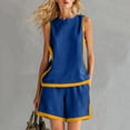 thumbnail image 2 of Women's Cotton Linen 2-Piece Outfit Contrast Trim Round Neck Sleeveless Top Pocket Shorts Casual Summer Set Blue S(S), 2 of 6