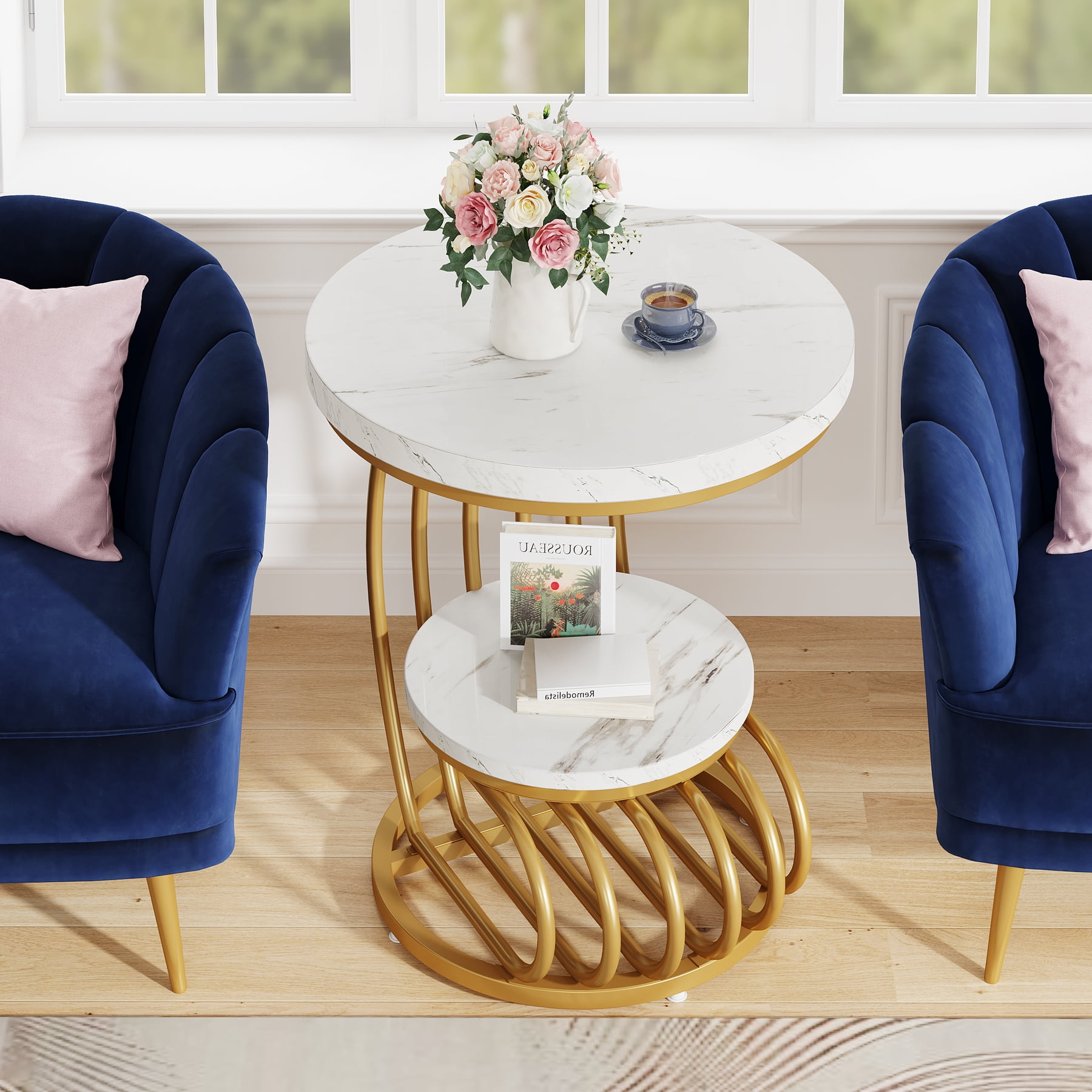 Tribesigns Gold Round End Table, 2 Tiers Faux Marble Side Table with Storage Shelf, Metal Arc-Shaped Frame Accent Table for Living Room, Bedroom