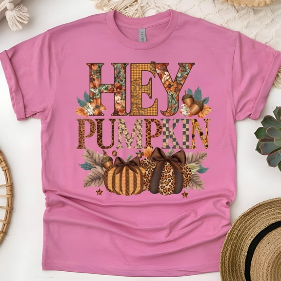 Fall Pumpkin Shirt | Hey Pumpkin Graphic Tee | Rustic Fall Aesthetic Top, Heliconia, Size S