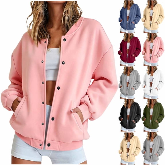 Jackets for Women Fashion Casual Loose Button Up Long Sleeved Solid Color Cardigan Top Fall Winter Track Jackets with Pockets Fall Sweatshirts Jackets