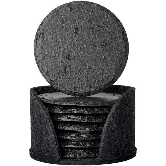 Eco-Friendly Slate Drink with Holder, Set oF 8, Round Slate Stone For Drinks Bar Home, 4 Inch, Black