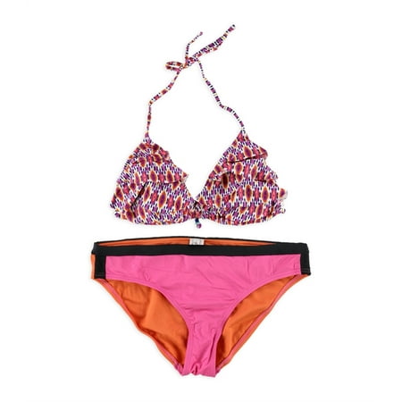Kenneth Cole Womens Tiered Triangle Color Blocked 2 Piece Bikini, Pink, Medium