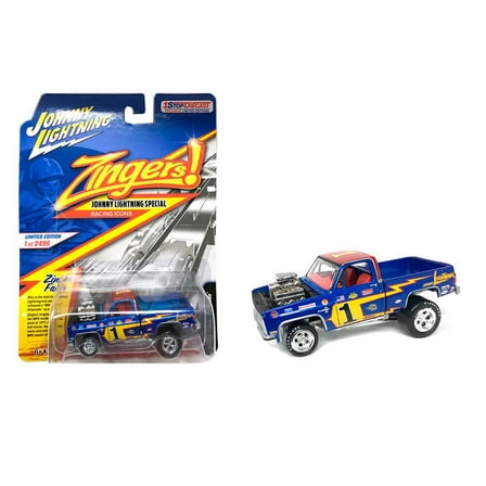 1981 Chevrolet Silverado Pickup Truck Blue Metallic with Stripe Yellow "# 1 " "Zingers!" Series Limited Edition to 4800 pieces Worldwide 1/64 Diecast Model Car by Johnny Lightning
