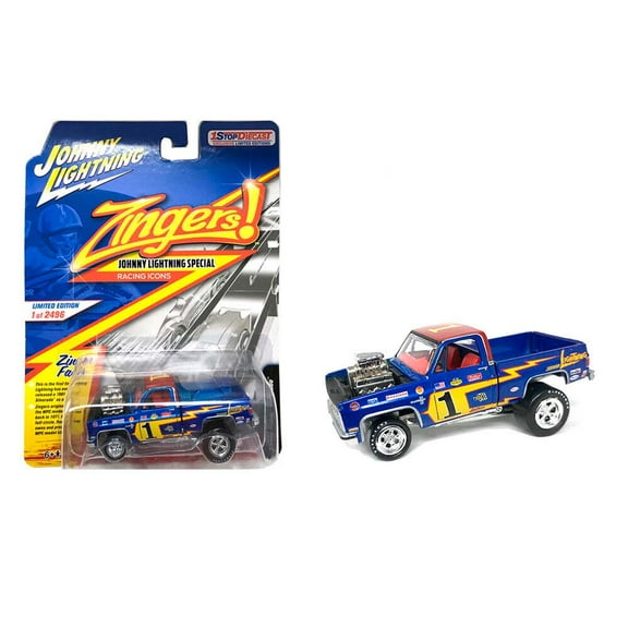 1981 Chevrolet Silverado Pickup Truck Blue Metallic with Stripe Yellow "# 1 " "Zingers!" Series Limited Edition to 4800 pieces Worldwide 1/64 Diecast Model Car by Johnny Lightning
