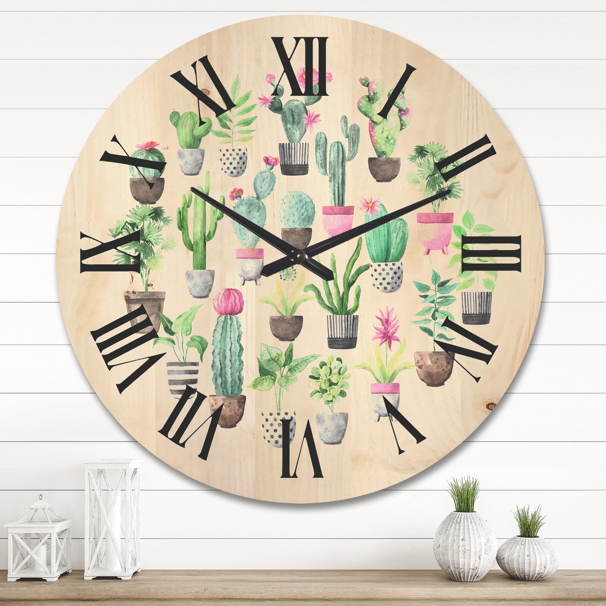 Designart 'Cactus In Ceramic Pots In Gentle Tones II' Traditional Wood Wall Clock