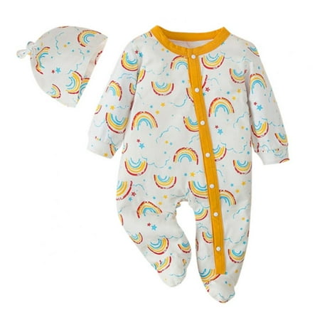 

0-12M Newborn Baby Infant Boy Girl Romper+ Hat Set Single Breasted Long -sleeve Foot Wrapped Jumpsuit Cap Clothes Outfits（baby Boys Girls Newborn） 6-9 Months