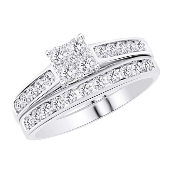 AFFY Round Shape White Natural Diamond Fashion Bridal Ring Set In 10k White Gold (1.00 cttw) Ring Size-4