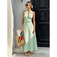 thumbnail image 4 of Womens Green Striped Halter Maxi Dress, Sleeveless V-Neck Summer Wrap, 4 of 6