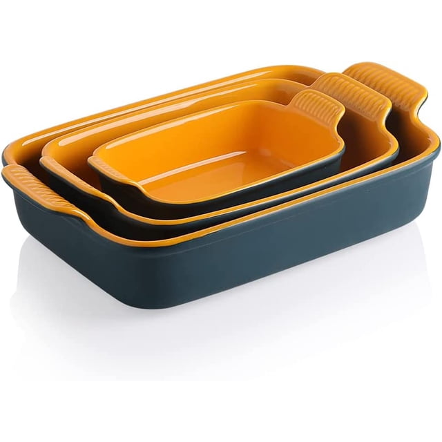 SWEEJAR Porcelain Bakeware Set for Cooking, 9.8 x 13 inch Ceramic Rectangular baking dish Lasagna Pans for Casserole Dish, Cake Dinner, Kitchen, Banquet and Daily Use (Blue&Yellow)
