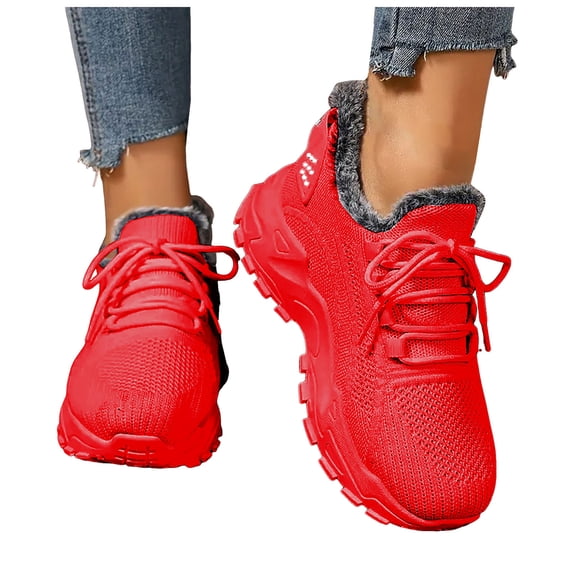Winter Sneakers for Women Thickened Warm Furry Lined Slip on Platform Athletic Tennis Shoes Casual Lightweight Cold Weather Walking Shoes Red Size 7.5