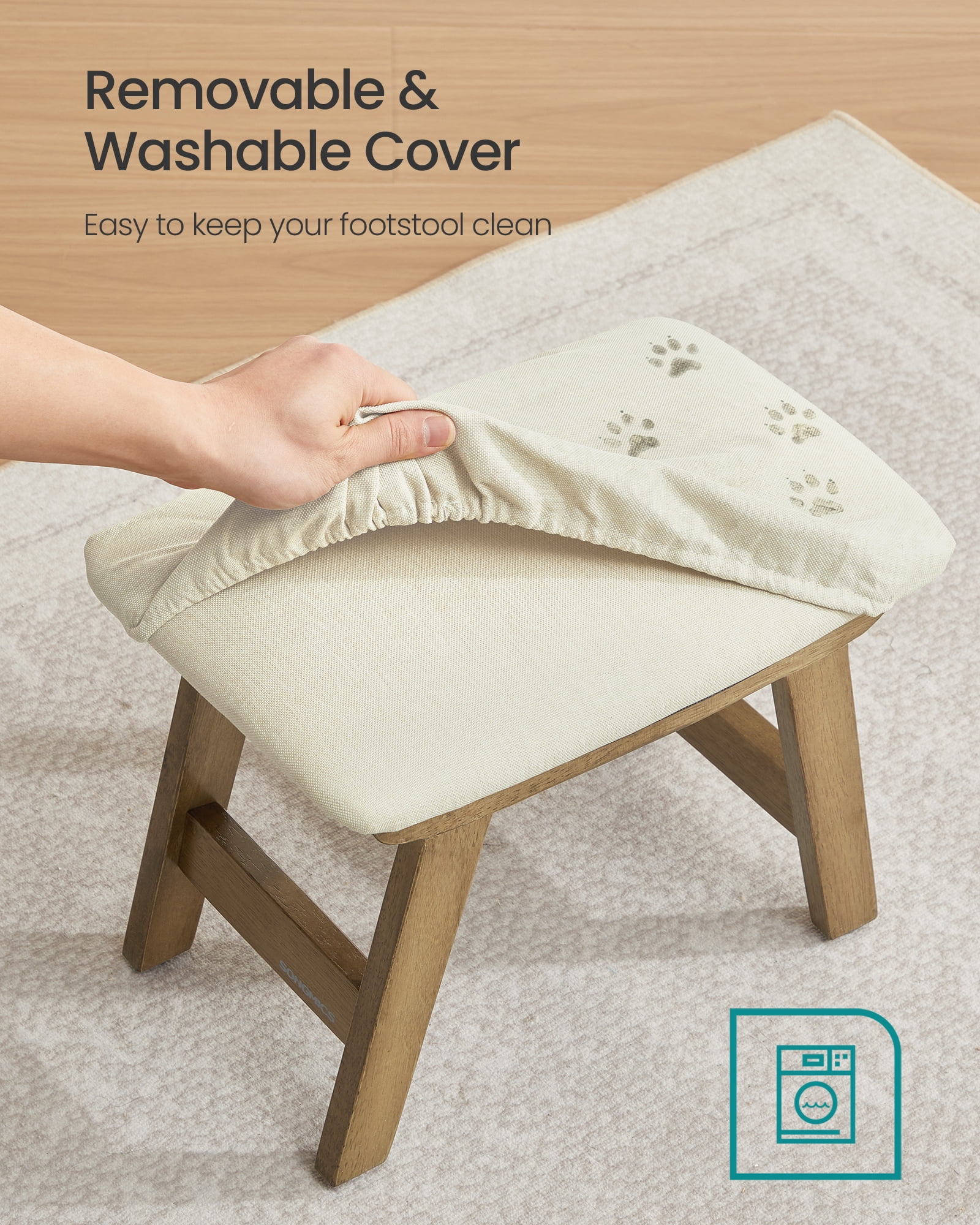 SONGMICS Foot Stool Ottoman, Padded Foot Rest Under Desk with Solid Wood Frame, Removable Cover, Summer Sand and Brown