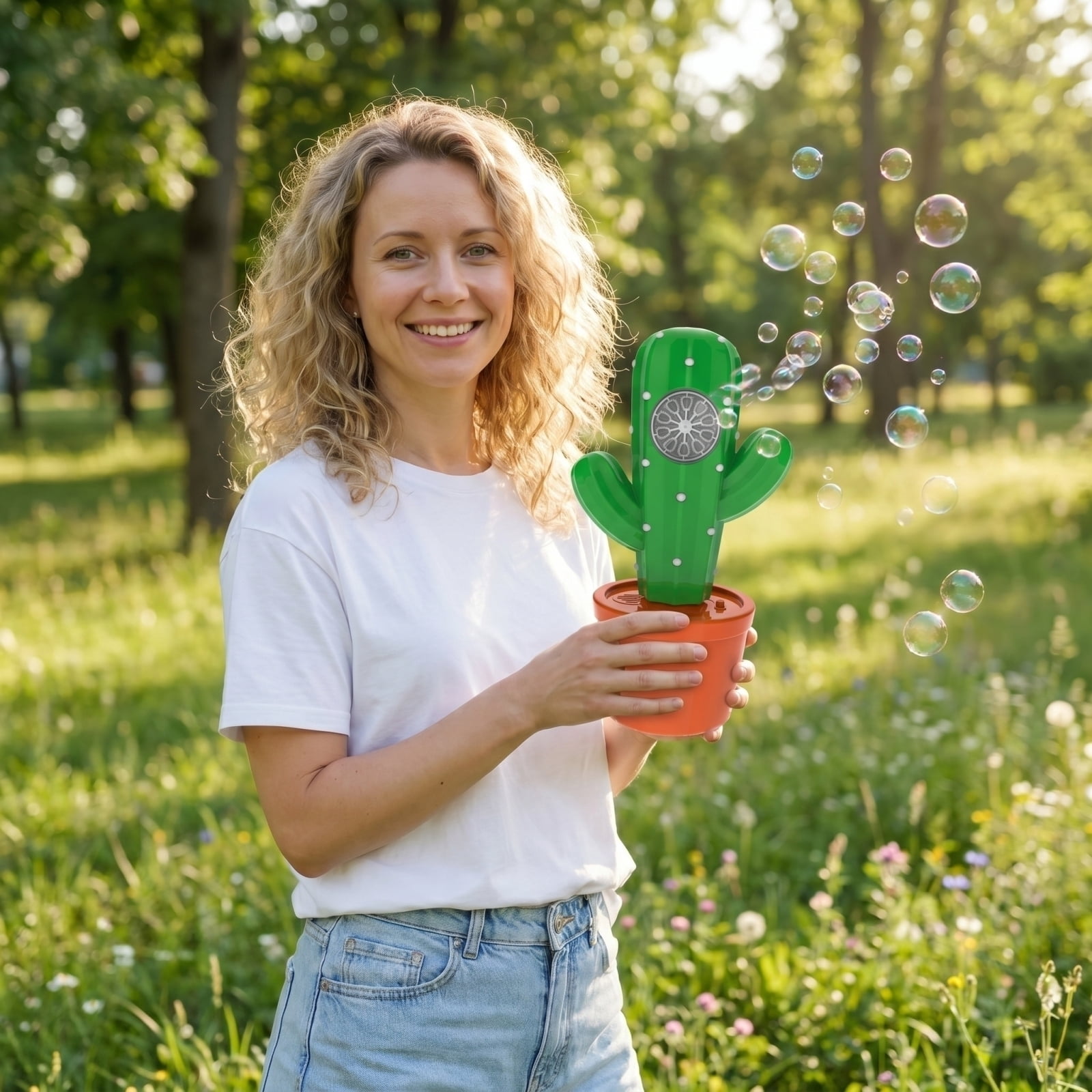 Cactus Shaped Bubble Machine - Rechargeable Electric Bubble Blower with LED Lights & Multi-Hole Output, Indoor & Outdoor Atmosphere Tool