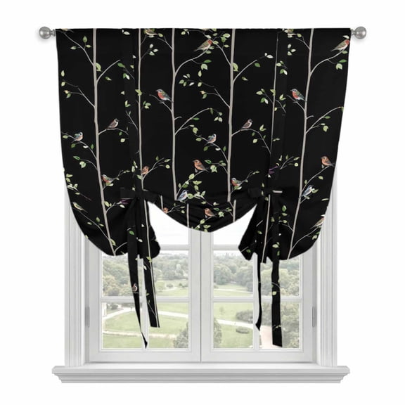 Sparrow Tie Up Curtains for Windows, Balloon Window Shades, Spring Birds on The Branches Vintage Country Black Kitchen Window Treatments Roll Up Curtain for Basement/Nursery 52"x45"