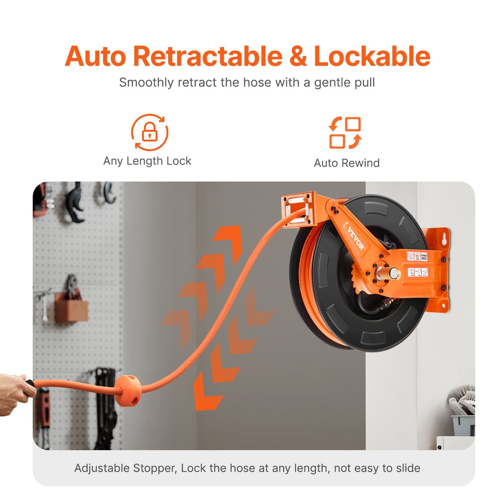 3/8IN x 65FT Retractable Air Hose Reel – Hybrid Air Hose with Dual Arms for Garage & Workshop