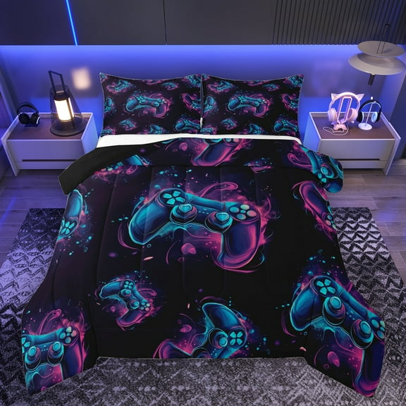 Homewish Teens Futuristic Gamepad Bedding Comforter Set, Game Console Lover Twin Comforter Sets, Cartoon Game Player Reversible Bedding Set, Black Blue Lightweight Room Decor, 2pcs