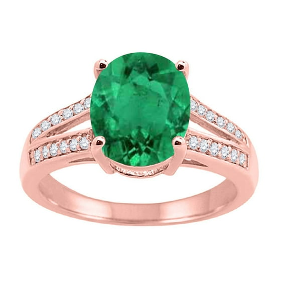 Mauli Jewels Rings for Women 2.52 Carat Oval Lab Created Emerald and Diamond Ring 4-Prong 10K Rose Gold