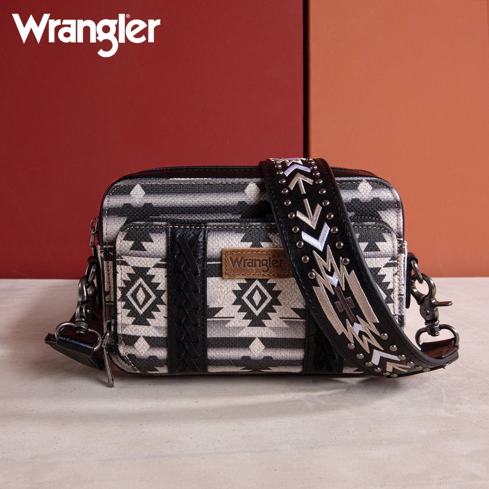 Wrangler Crossbody Bag for Women Boho Aztec Small Multi Pocket Crossover Purse, Black