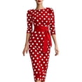 thumbnail image 2 of ClodeEU Women's Polka Dot Round Neck 3/4 Sleeve Self Belt Waist Bodycon Midi Pencil Dress,Vintage Elegant Cocktail Party Dress Red,Women's Plus XXL, 2 of 6