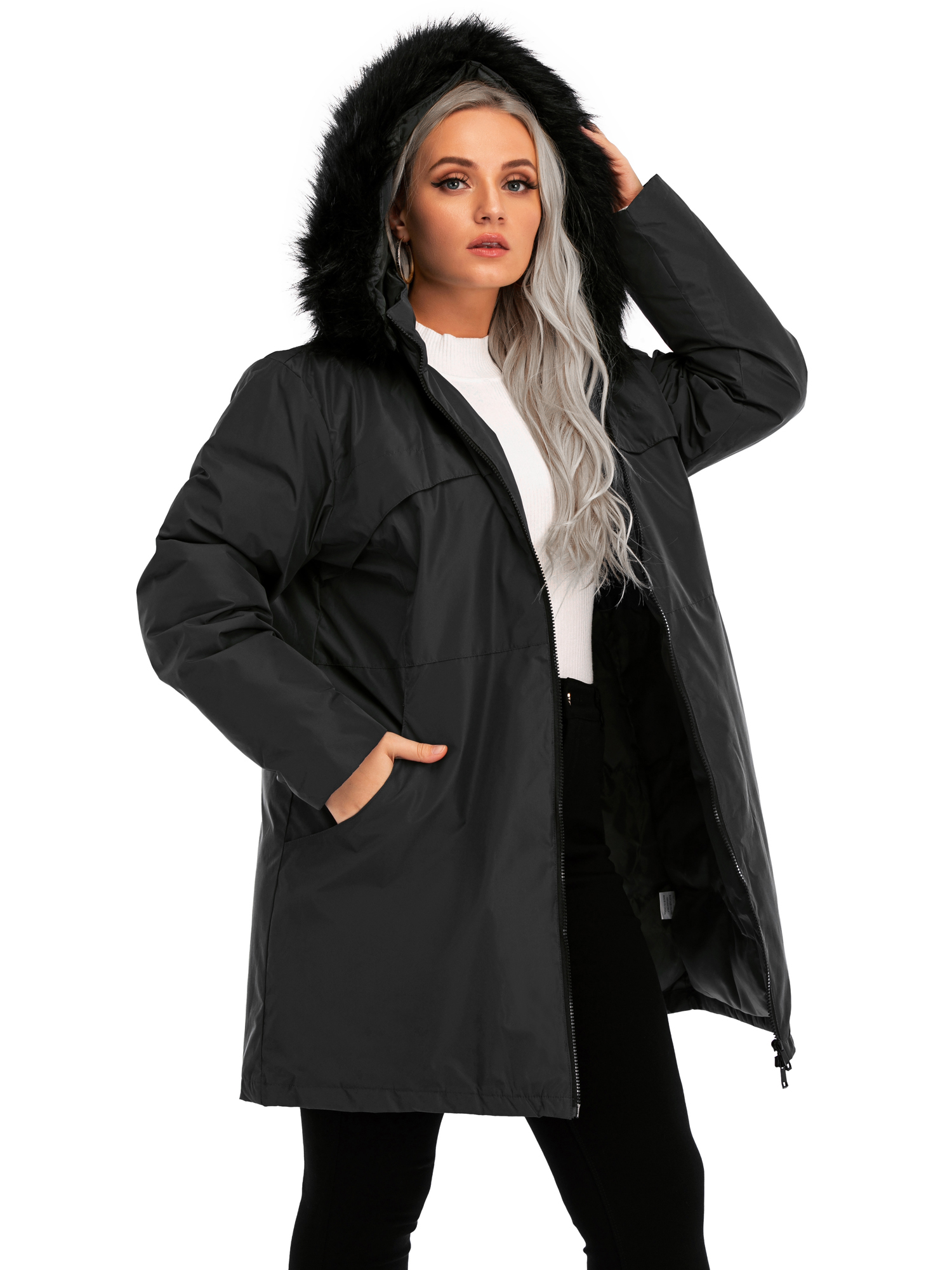 LELINTA Women's Plus Size Winter Warm Zipper Hoodie Long Jacket Waterproof Jacket Hooded Lightweight Raincoat Active Outdoor Trench Coat - image 1 of 7