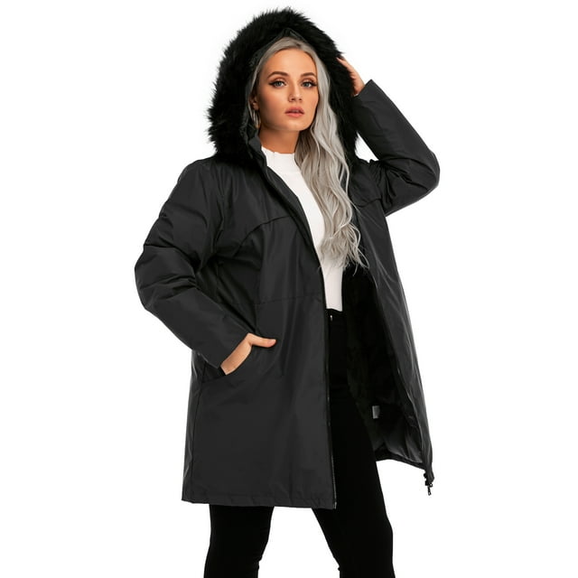 LELINTA Women's Plus Size Winter Warm Zipper Hoodie Long Jacket Waterproof Jacket Hooded Lightweight Raincoat Active Outdoor Trench Coat
