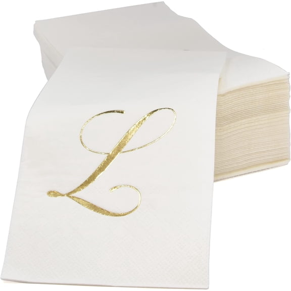 Gift Boutique Gold Monogram Guest Napkins Letter L, 100 Count 2-Ply Disposable Paper Napkins, White & Metallic Foil, 15 x 12.75 Inches