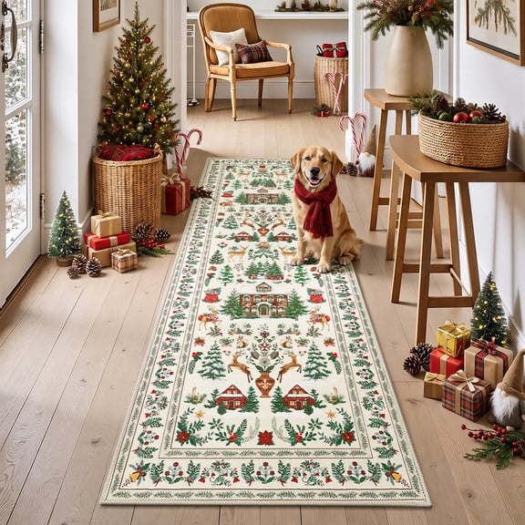 Findosom 2'x6' Christmas Runner Rug for Hallway, Machine Washable Reindeer Print Floor Carpet,Non-Slip Soft Stain Resistant Bedside Area Rug for Entryway Dining Room Home Decor Rugs,Beige