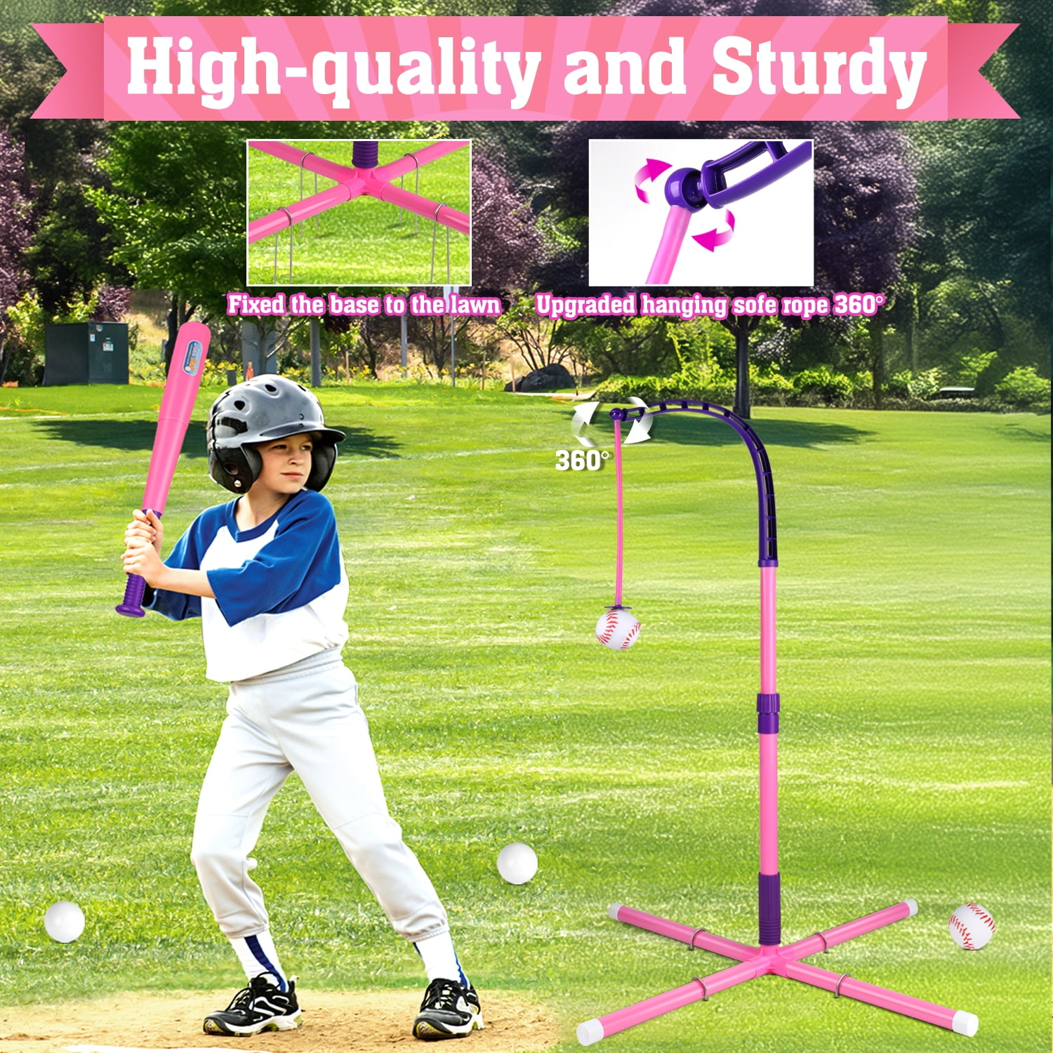 Beefunni 3-in-1 Baseball Set for Toddlers Kids 3-8 - Tee Ball Stand, Hanging Tee, Ball Launcher and 6 Baseballs -  Indoor/Outdoor Sport Gifts for Boys (Pink&Purple)