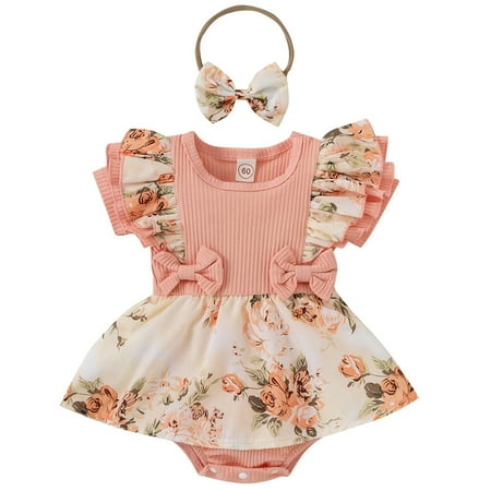 

MAMOWEAR Baby Girl Clothes Floral Suspender Dress Romper Ruffle Sleeve Jumpsuit Headband Newborn Baby Outfits