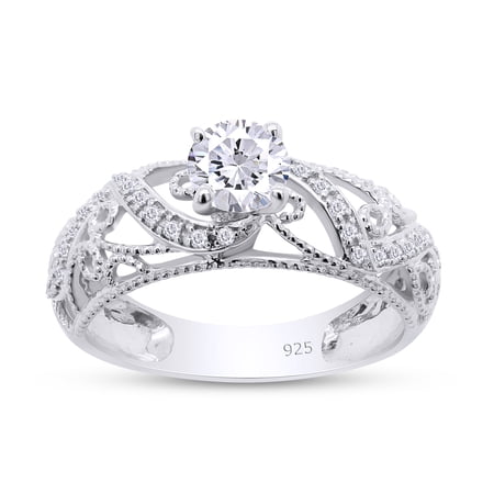AFFY Round Cut White Cubic Zirconia Solitaire Engagement Ring In 14k White Gold Over Sterling Silver Ring Size-10.5